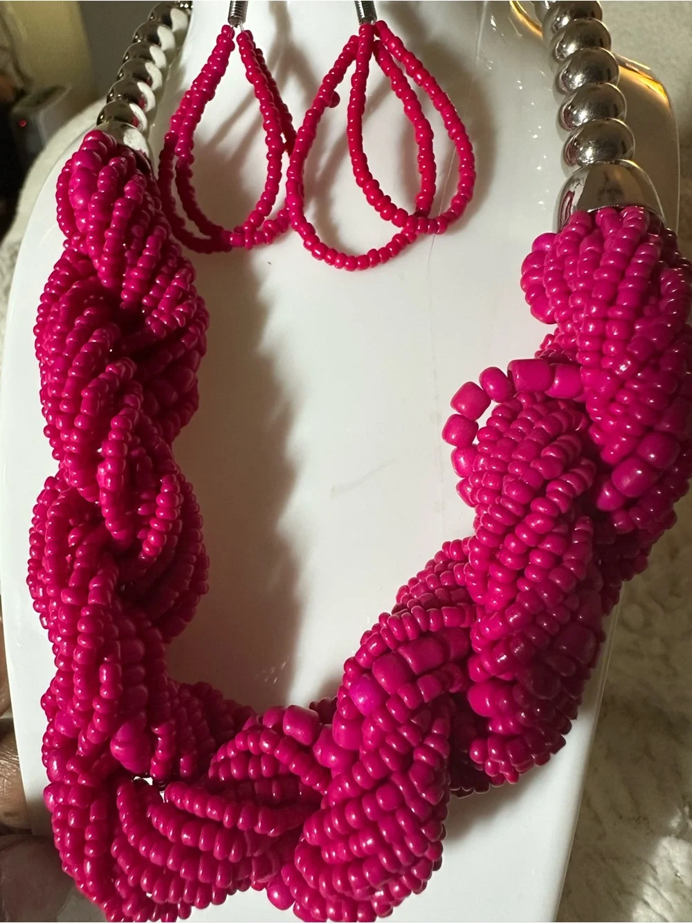 Handcrafted Hot Pink Beaded Necklace & Earrings Set
